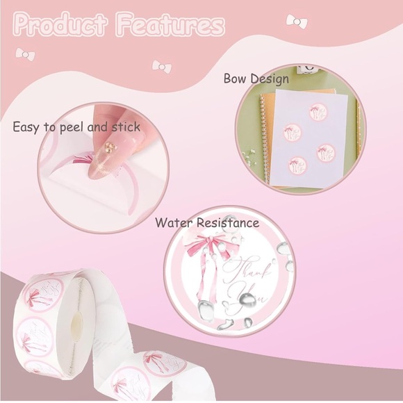500 Pcs Pink Bow Thank You Stickers Coquette Bowknot Adhesive Label Roll NwT - Picture 3 of 3